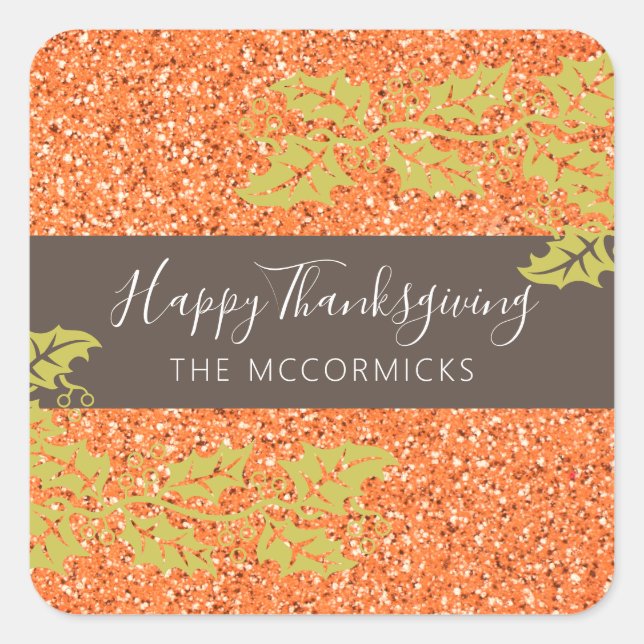Elegant Thanksgiving Orange Glitter Customised Square Sticker (Front)