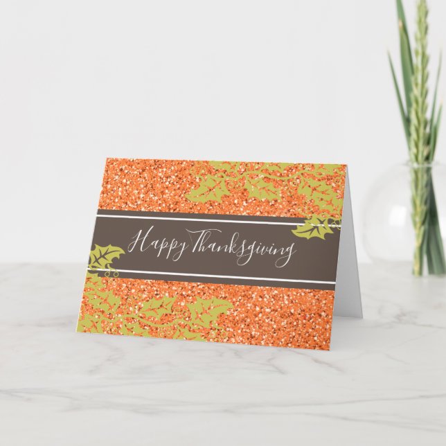 Elegant Thanksgiving Orange Glitter Personalised Holiday Card (Front)
