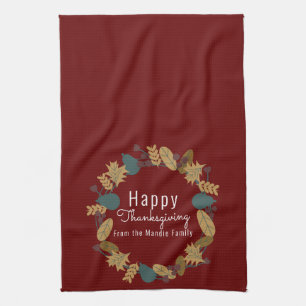 Elegant Thanksgiving Pear Wreath Burgandy Tea Towel