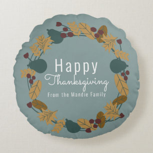 Elegant Thanksgiving Pear Wreath Illustration Round Cushion