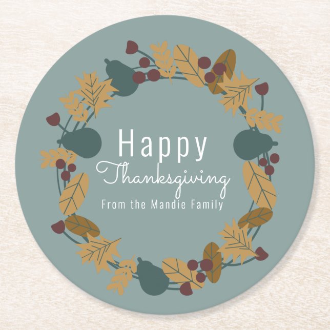 Elegant Thanksgiving Pear Wreath Illustration Round Paper Coaster (Front)
