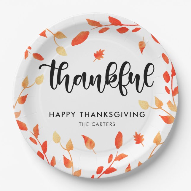 Elegant Thanksgiving Thankful Fall Foliage Modern Paper Plate (Front)