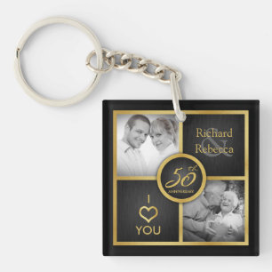 Elegant "then and now" Black and Gold 50th Wedding Key Ring