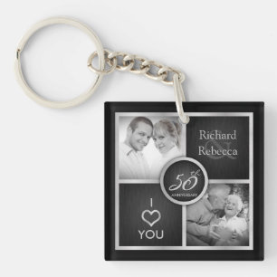 Elegant "then and now" silver & Gold 50th Wedding Key Ring