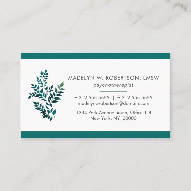 Elegant Therapist Green Plant  Business Card (Front)