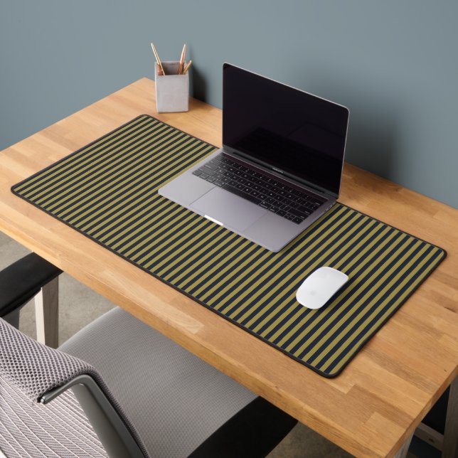 Elegant Thin Gold & Navy Blue Vertical Stripes Desk Mat (Office 2)