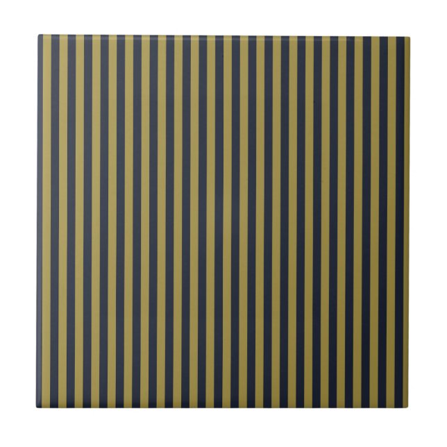 Elegant Thin Gold & Navy Blue Vertical Stripes Tile (Front)