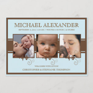 Elegant Three Photo Baby Boy Birth Announcement