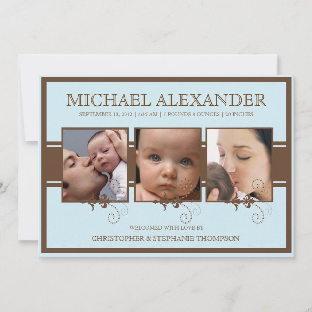 Elegant Three Photo Baby Boy Birth Announcement (Front)