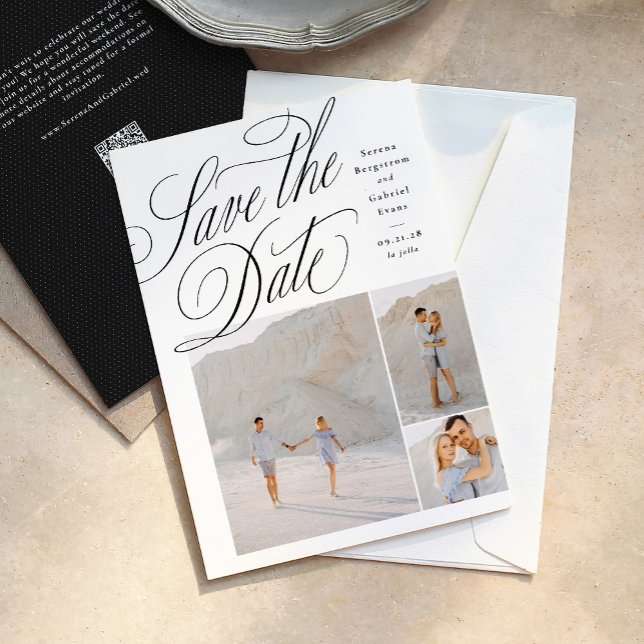 Elegant three photo black and white wedding save the date (Creator Uploaded)