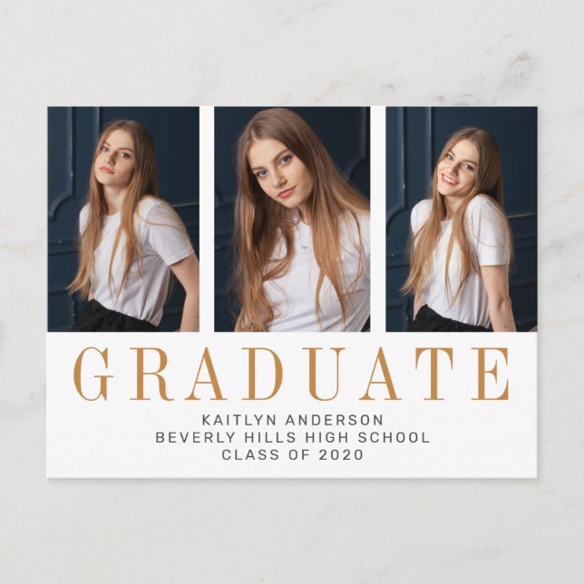 Elegant Three Photo Minimalist Graduation Announcement Postcard (Front)