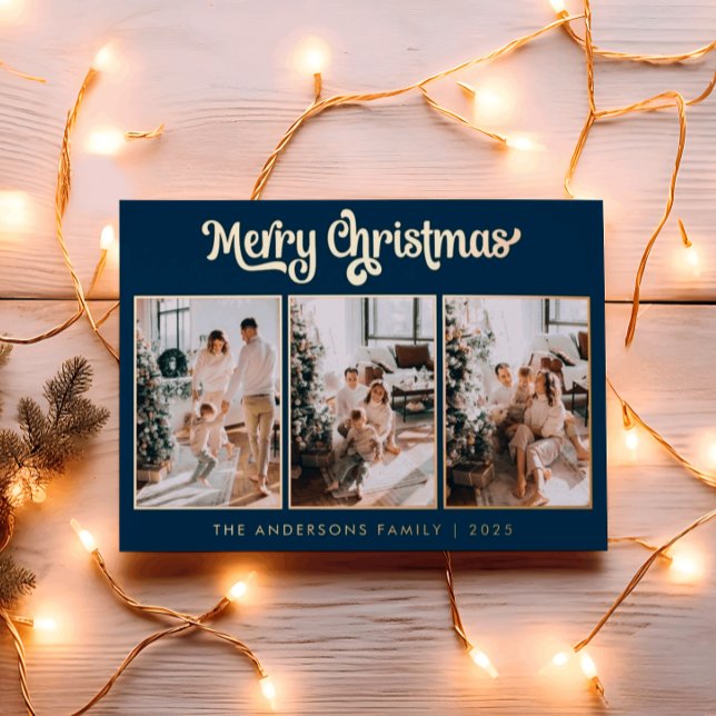 Elegant Three Photo Navy Blue Merry Christmas  Foil Holiday Card (Creator Uploaded)