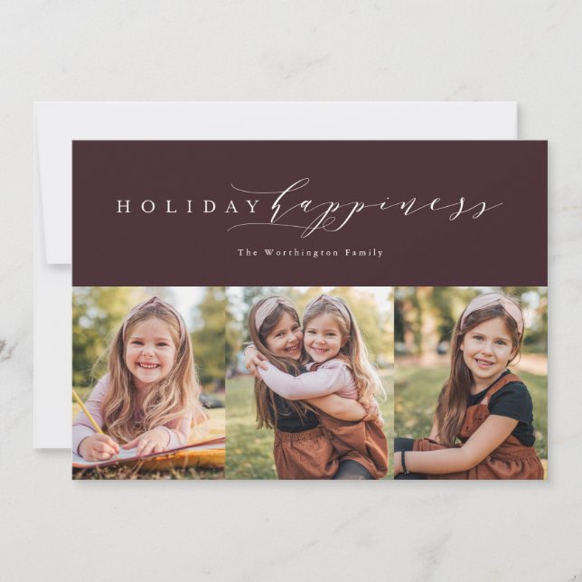 Elegant three-photo plum Christmas happiness Holiday Card (Front)