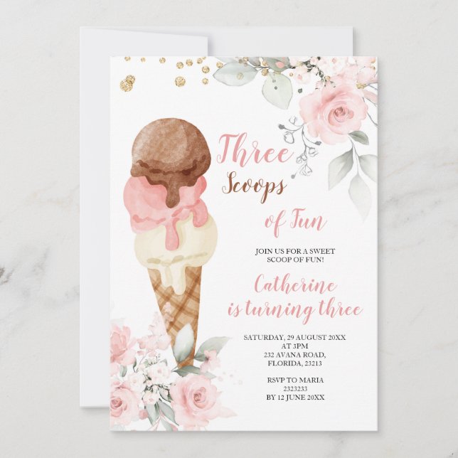 Elegant Three Scoops Of Fun 3rd Birthday Party Invitation (Front)
