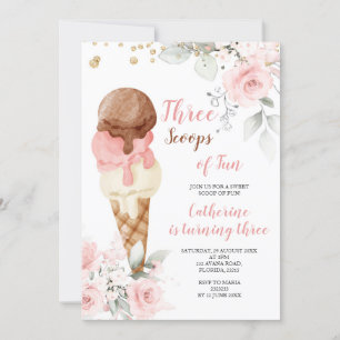 Elegant Three Scoops Of Fun 3rd Birthday Party Invitation