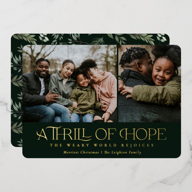 Elegant Thrill of Hope Green Two Photo Christmas   Foil Holiday Card (Front/Back)