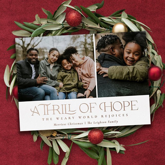 Elegant Thrill of Hope White Two Photo Christmas   Foil Holiday Card (Creator Uploaded)