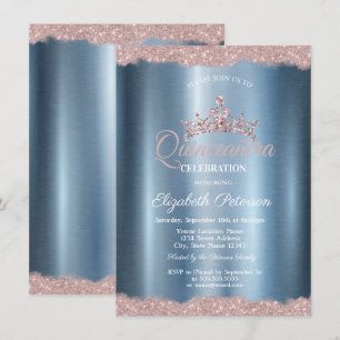 Elegant Tiara Blue Metallic Quinceañera  Invitation