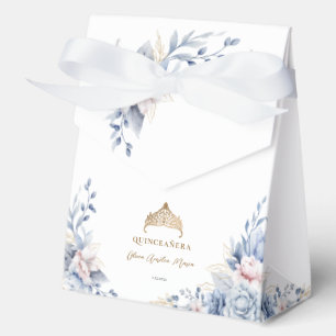 Elegant Tiara Gold Blue roses Quinceañera Favour Box