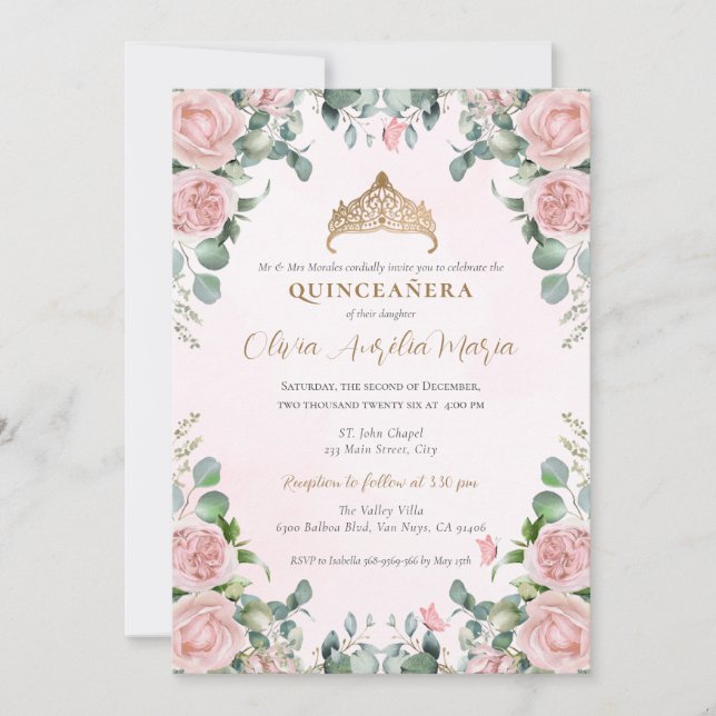 Elegant Tiara Gold Pink Blush roses Quinceañera Invitation (Front)