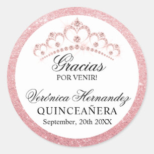 Elegant Tiara Pink Spanish Quinceañera Quince Clas Classic Round Sticker