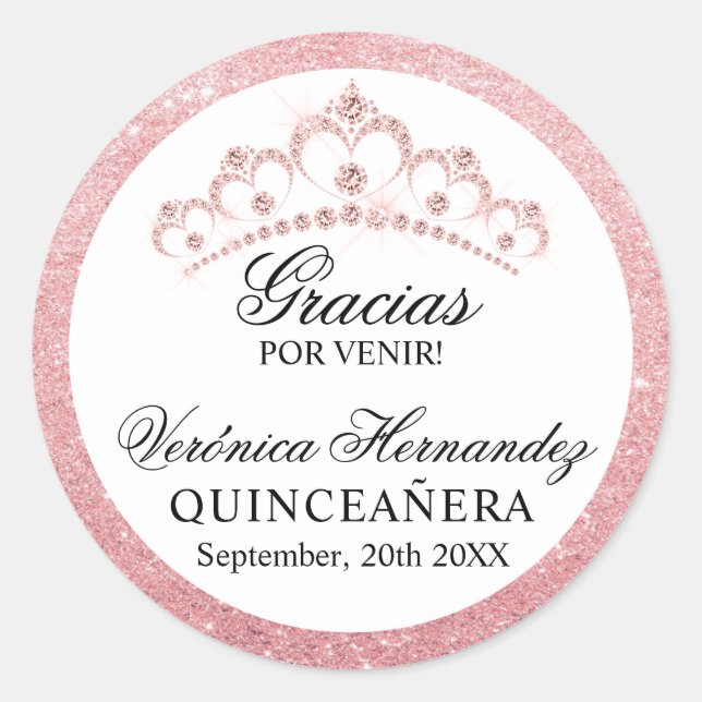 Elegant Tiara Pink Spanish Quinceañera Quince Clas Classic Round Sticker (Front)