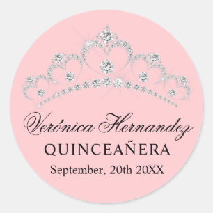 Elegant Tiara Pink Spanish Quinceañera Quince Classic Round Sticker