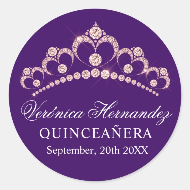 Elegant Tiara Purple Spanish Quinceañera Quince Classic Round Sticker (Front)