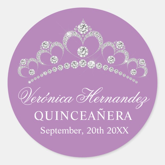 Elegant Tiara Purple Spanish Quinceañera Quince Classic Round Sticker (Front)