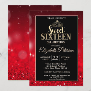 Elegant Tiara,Red Glitter Bokeh Sweet 16 Invitation