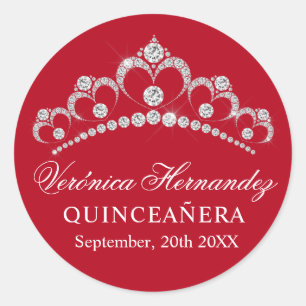 Elegant Tiara Red Spanish Quinceañera Quince Classic Round Sticker