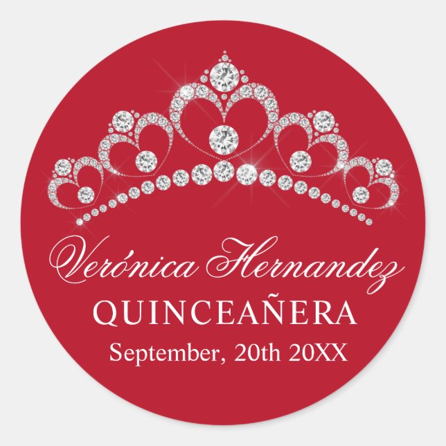 Elegant Tiara Red Spanish Quinceañera Quince Classic Round Sticker (Front)
