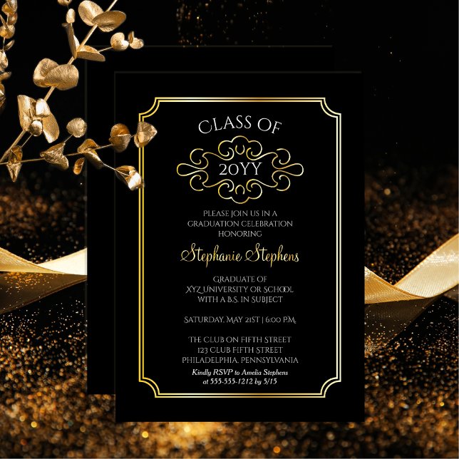 Elegant Ticket Frame College Graduation Party  (Elegant Ticket Frame College or University Graduation Announcement Party Invitation -Black Gold Foil)