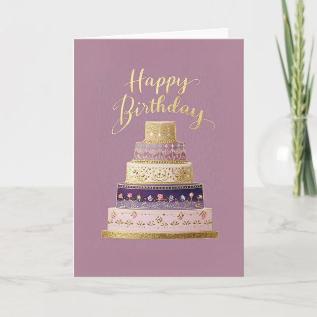 Elegant Tiered Purple and Gold Birthday Cake Card (Front)