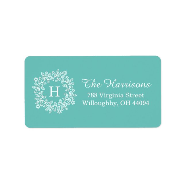 Elegant Tiffany Teal green Floral Wreath Monogram Label (Front)