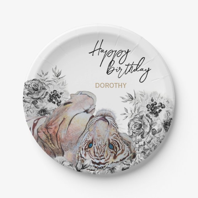 Elegant Tiger Botanical Floral Birthday Paper Plate (Front)