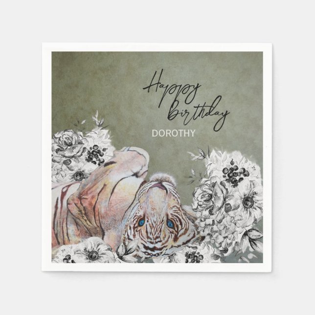 Elegant Tiger Botanical Floral Sage Gold Birthday Napkin (Front)