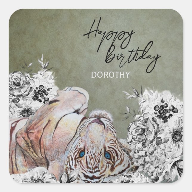 Elegant Tiger Botanical Floral Sage Gold Birthday Square Sticker (Front)
