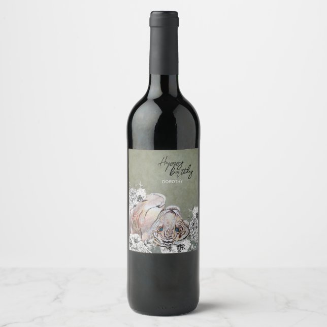 Elegant Tiger Botanical Floral Sage Gold Birthday Wine Label (Front)