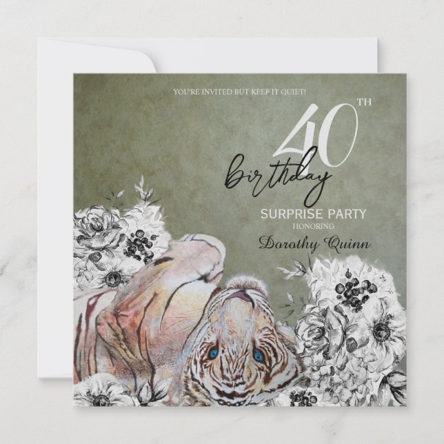 Elegant Tiger Botanical Floral Surprise Birthday Invitation (Front)