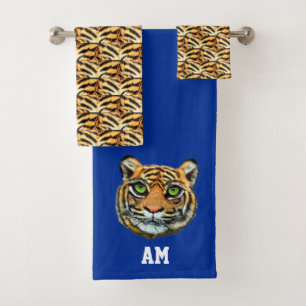Elegant tiger face and monogram on blue bath towel set