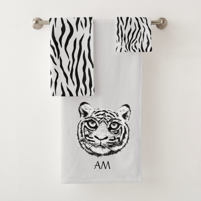 Elegant tiger face and monogram on light grey bath towel set (Insitu)