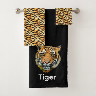 Elegant tiger face on black personalized bath towel set