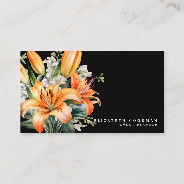 Elegant Tiger Lily Tropical Black Business Cards (Front)