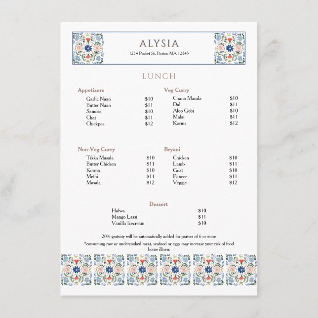 Elegant Tile Design Restaurant Lunch Menu (Front)