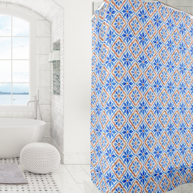 Elegant Tile Pattern Mediterranean Italy Blue Shower Curtain (A shower curtain inspired by Mediterranean style, with tile pattern in blue, terracotta and cream)