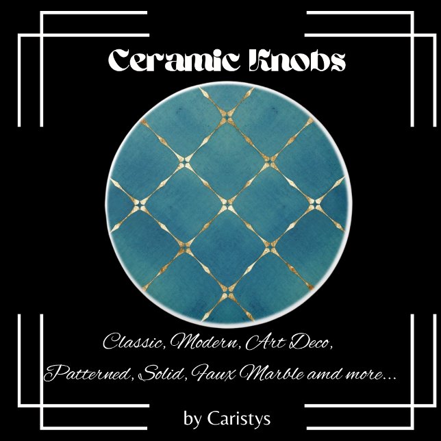 Elegant Tile Teal Blue & Gold Squares Ceramic Knob (Creator Uploaded)
