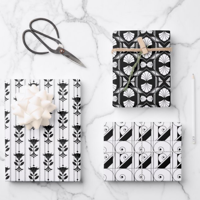 elegant tiled black white art deco pattern  wrapping paper sheet (Front)
