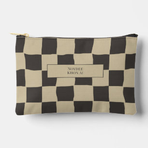 Elegant Timeless Name Beige and Dark Check Accessory Pouch
