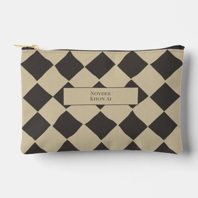 Elegant Timeless Name Beige and Dark Check at 45° Accessory Pouch (Front)